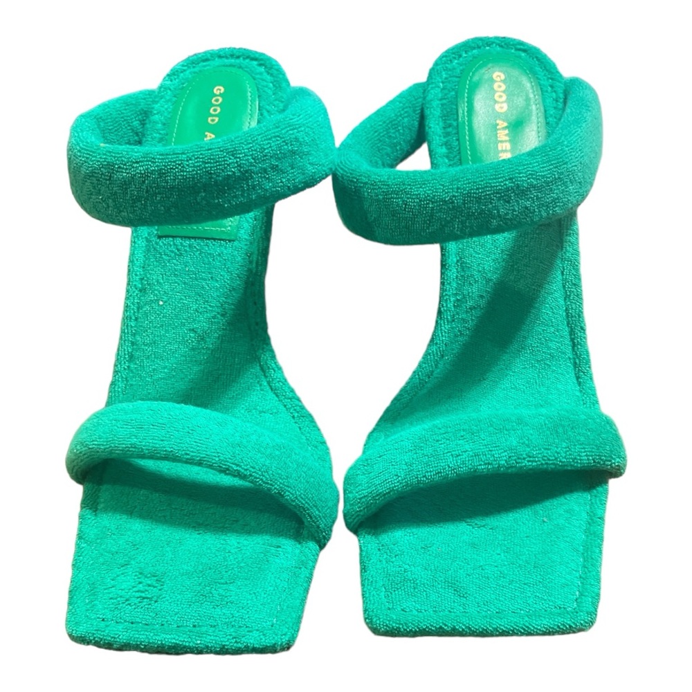 GOOD AMERICAN Women’s Green Terry Double Band High Heel Slides Sandals Size 9.5